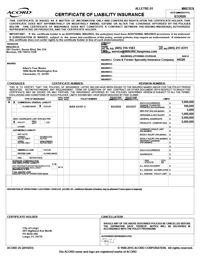 Certificate of Liability Insurance Allen